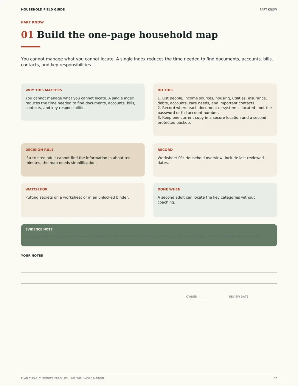Action 01 laid out with Why this matters, Do this, and Done when