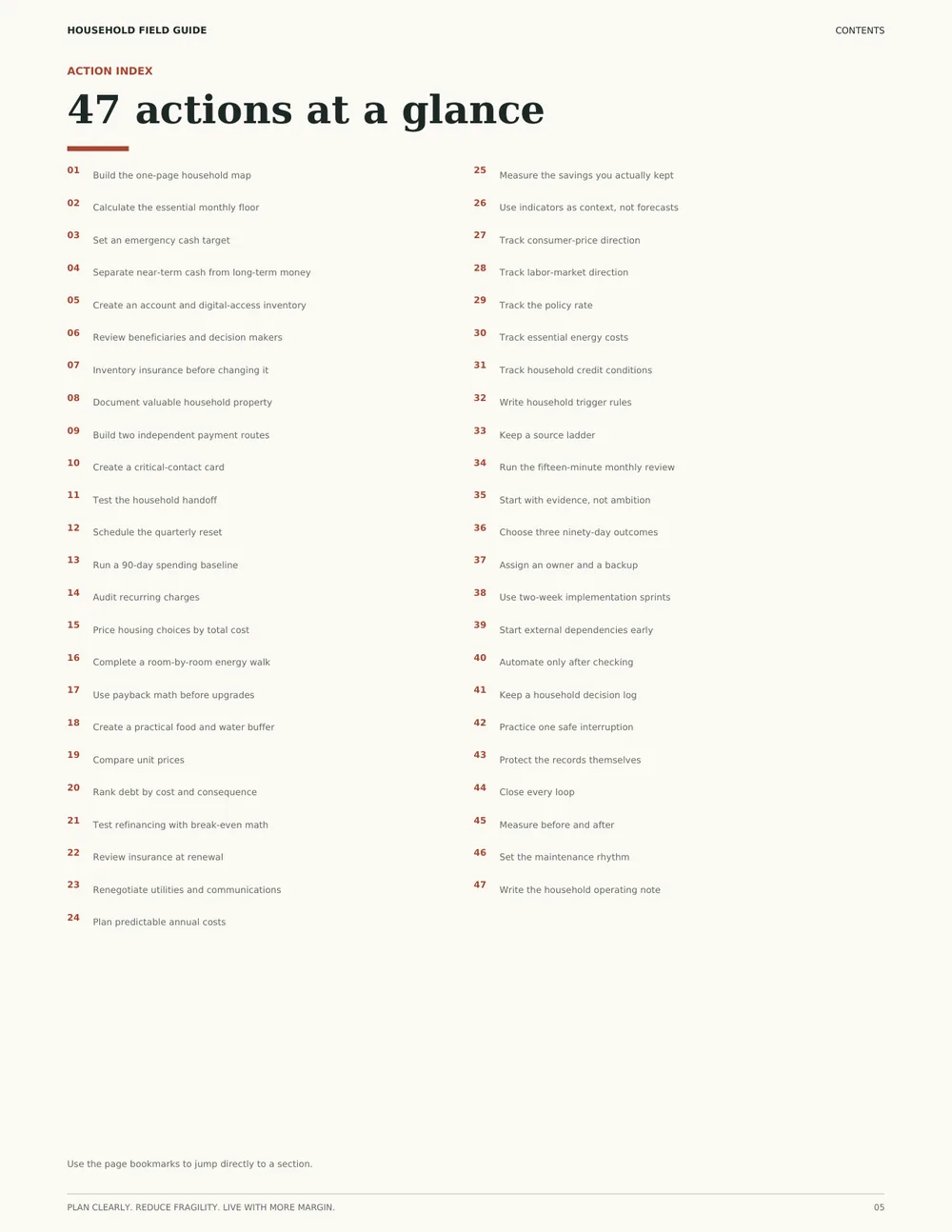 Two-column index listing all 47 numbered actions