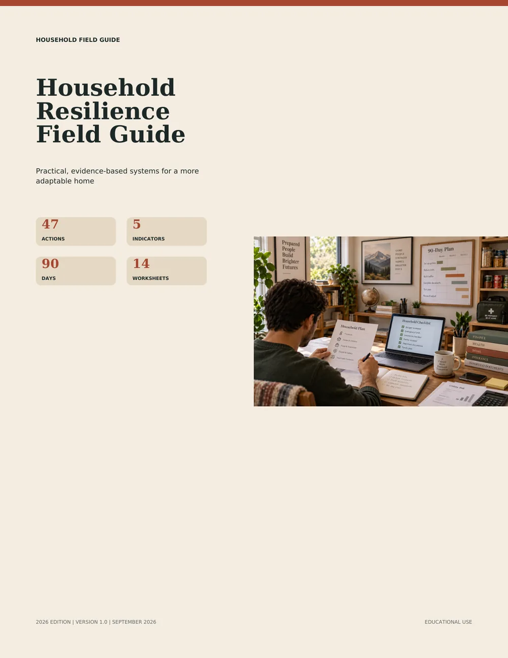 The Household Resilience Field Guide, 2026 Edition — 47 actions, 5 indicators, 90 days, 14 worksheets.